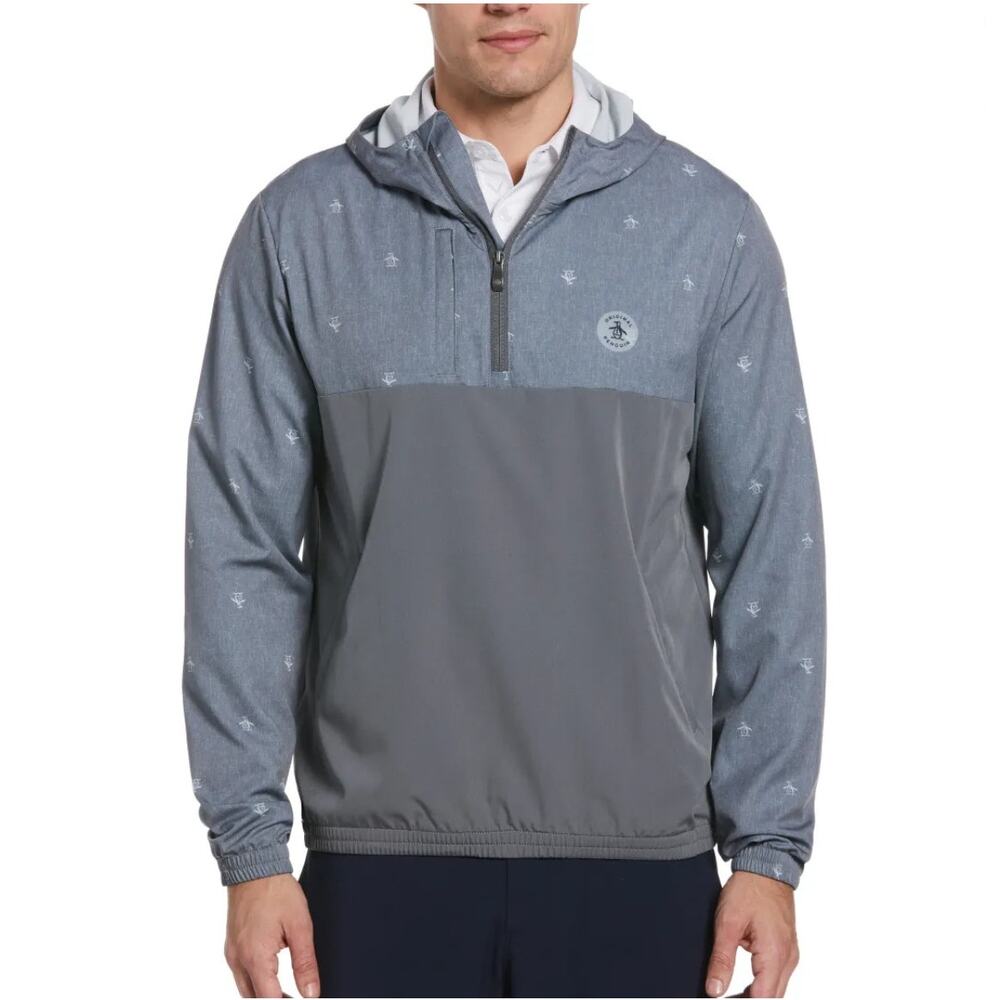 Original Penguin Mens 1/4 Zip Printed Pete Wind Hoodie Pullover Grey Size Medium